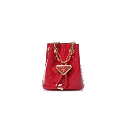 PRADA VERNICE METAL TRIANGLE LOGO MINI DRAWCORD POUCH SHOULDER BAG CHERRY 1NR016 (9.5*9*6cm)